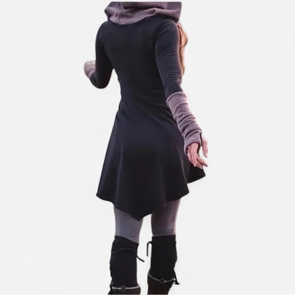 Dark Gray Goth Sun Moon Hooded Mini Dress Long Sleeve Size S - Picture 4 of 4